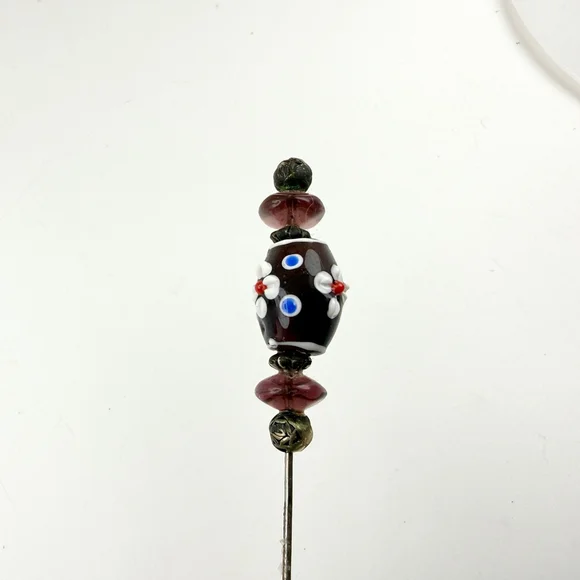 Victorian Lampwork Hat Pin Floral Glass Bead 7 Inch Antique Stick Pin - Picture 8 of 8